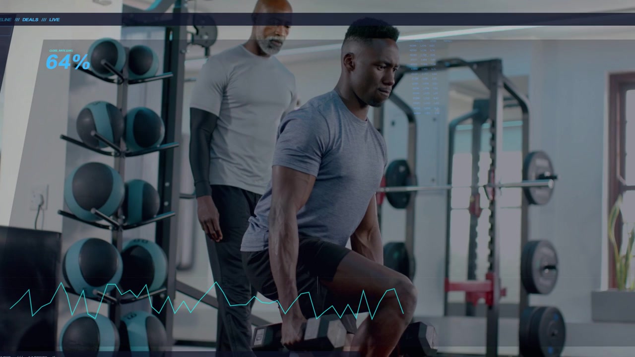 Vertical video: Lunging after HUD 64%, client in gray tee with hex weights, coach spotting