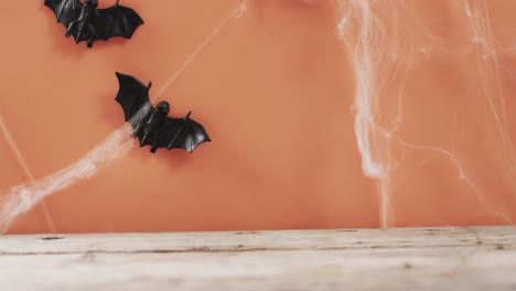 Video-of-halloween-bats-and-spider's-web-and-copy-space-on-orange-background