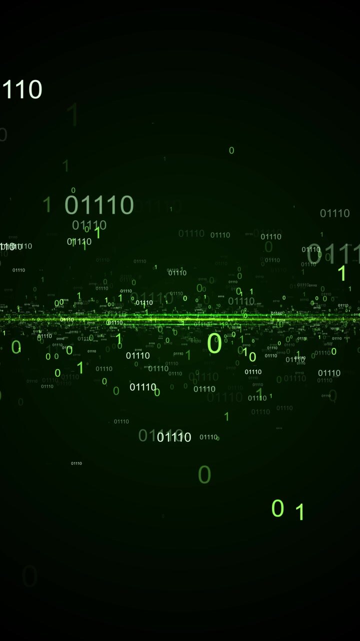 Matrix style binary animation green numbers coding particles luminous signal line deep technology