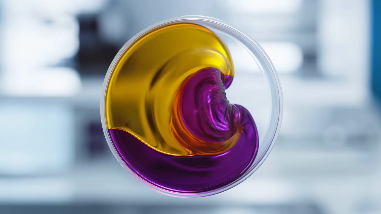 Close-up of a transparent round glass dish filled with swirling yellow and purple liquid, set against a softly blurred light blue background with a clean