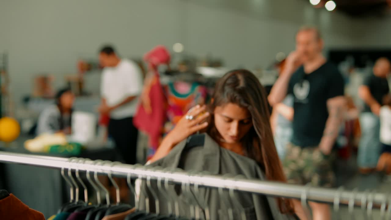 Shopping for clothes at a secondhand store