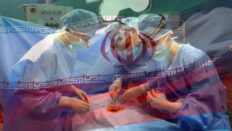 animation of flag of iran waving over surgeons in operating theatre