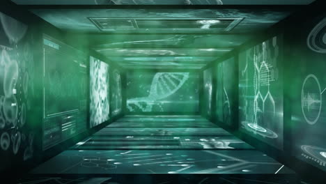 animación del procesamiento de datos en un túnel hecho de pantallas sobre fondo negro