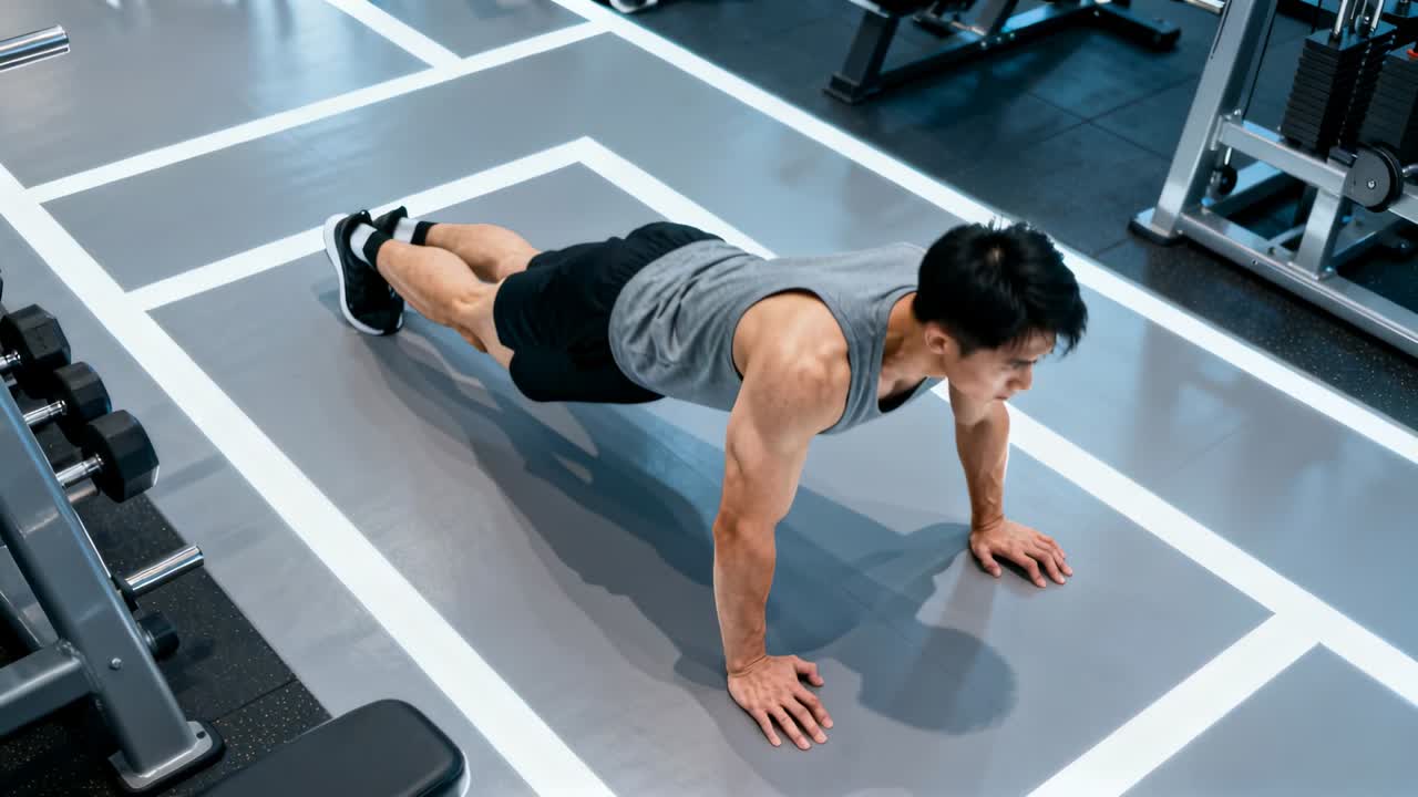 ジムのマークされた四角いエリアで、グレーのタンクトップと黒のショートパンツを着用したアジア人男性がプッシュアップニードライブのトレーニングを開始。