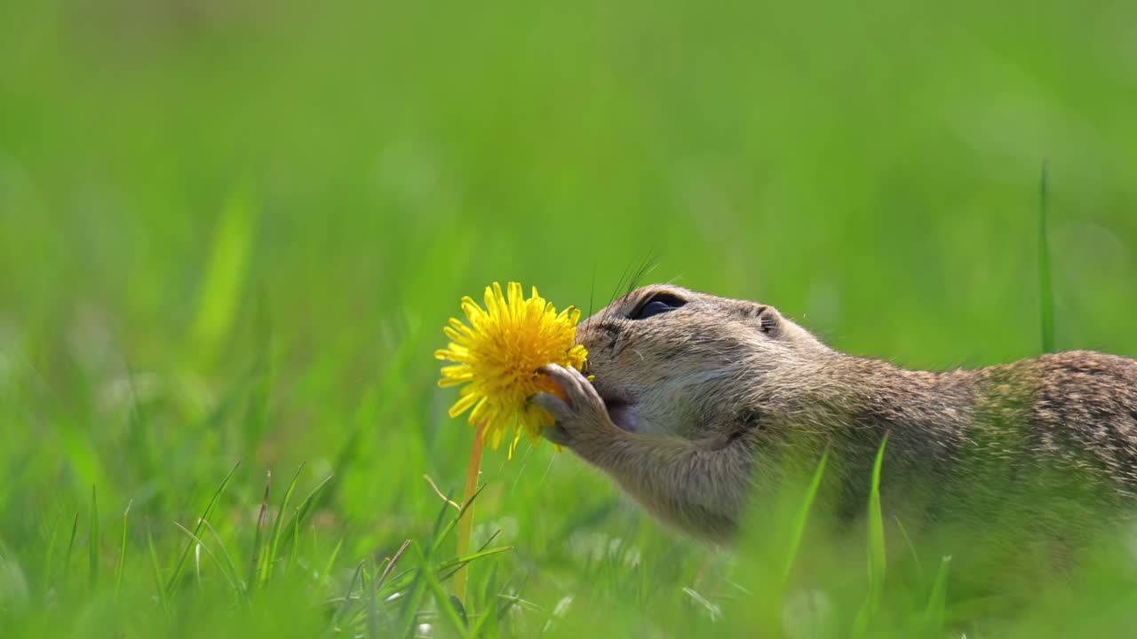 A ground squirrel holds and sniffs a bright yellow dandelion in a lush green meadow. The close-up nature of the photo captures a charming and peaceful moment in the wild.