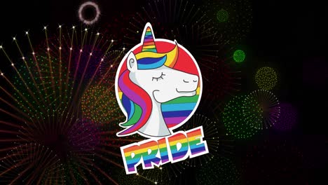animación de orgullo texto arco iris, unicornio y fuegos artificiales explotando sobre fondo negro.