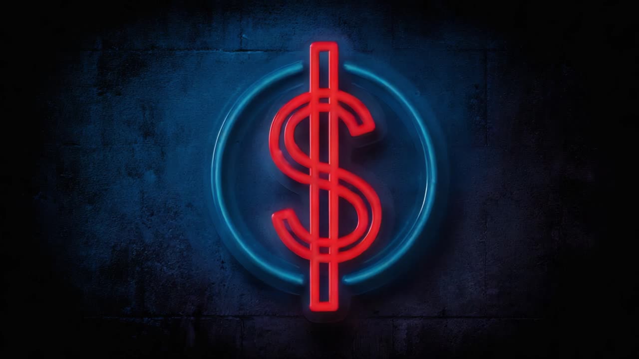 Deslumbrante sinal de dólar em néon com cores vibrantes ilumina a escuridão, destacando o símbolo de riqueza e moeda em uma exibição cativante de luz e design.