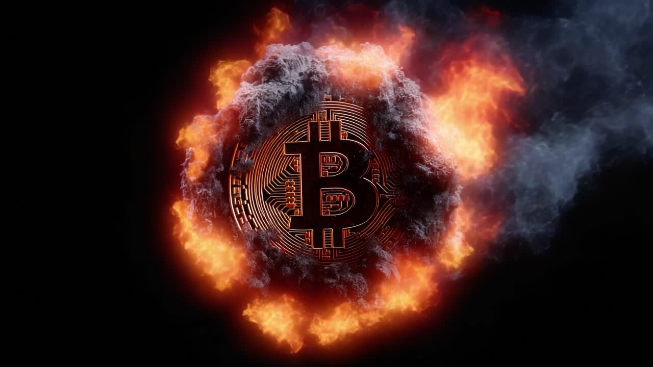 A Dramatic Representation of Cryptocurrency: The Bitcoin Logo Amidst Explosive Flames and Dark Smoke, Capturing the Intensity and Dynamism of Digital Finance