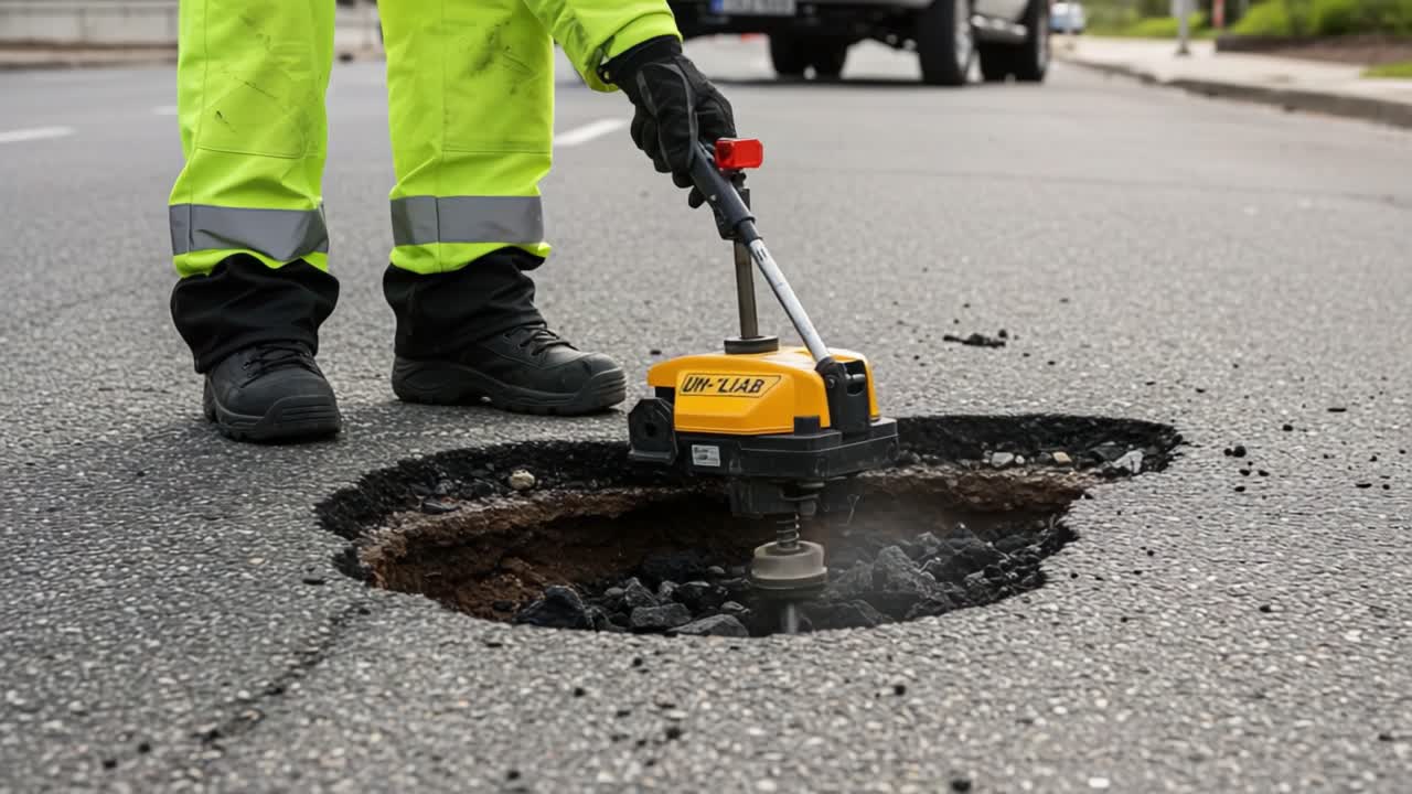 Worker Using Equipment to Repair Roadway Damage: Addressing Pothole Issues with Precision and Care in Urban Infrastructure Maintenance