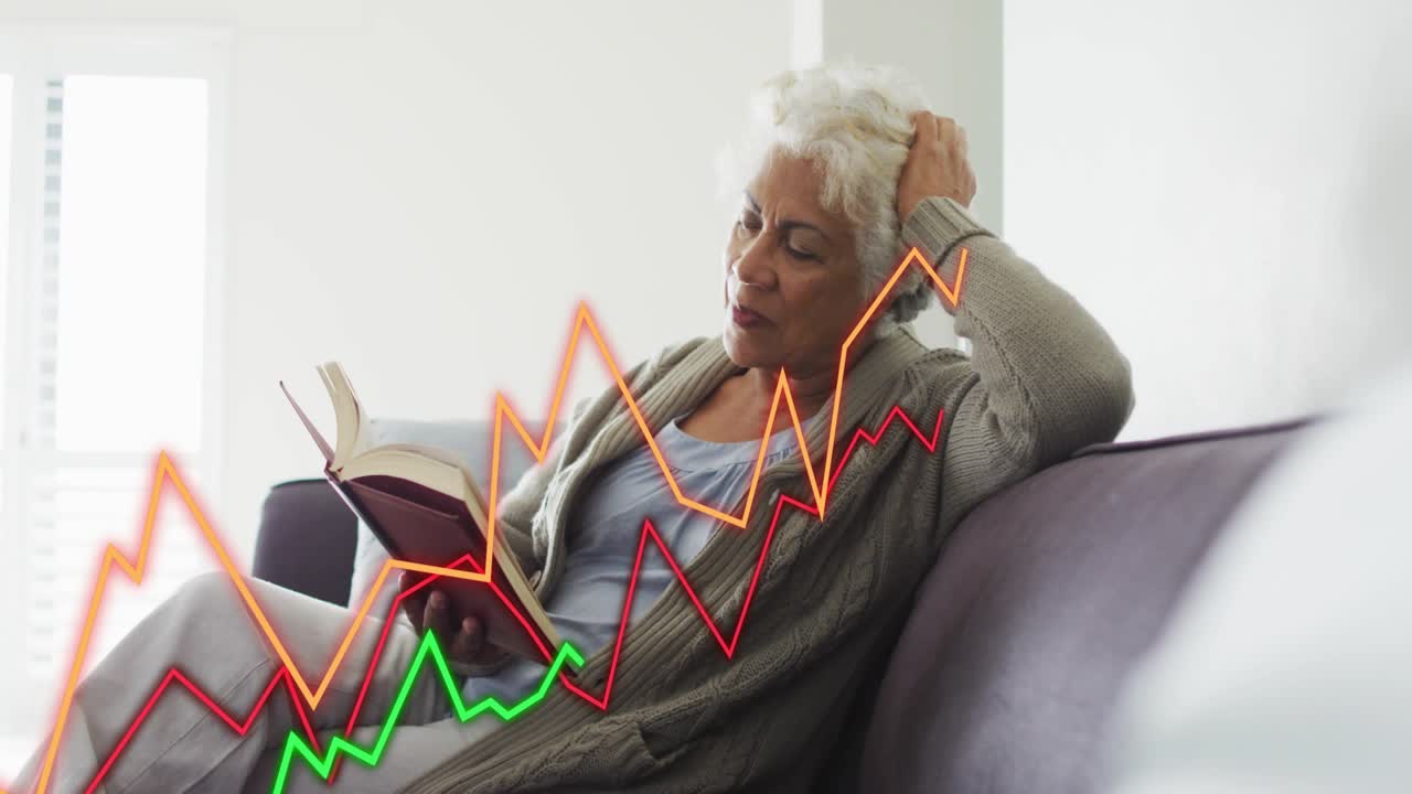 Senior woman flipping pages on couch sparking animated data graphs rising over book for insight