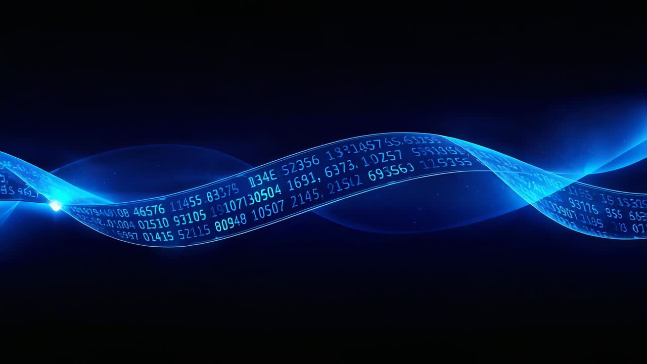 Shifting translucent blue helix ribbon moving right on black void after left flare, numeric stream