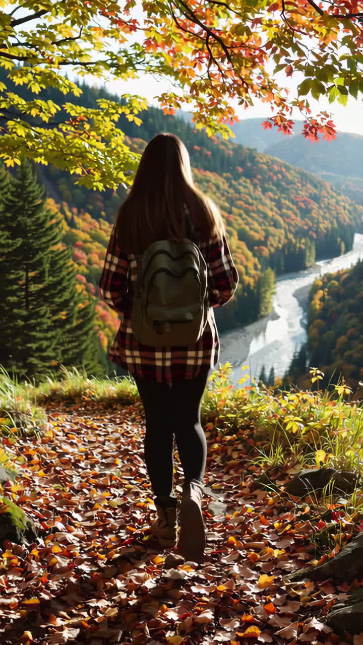 Hiker on a Scenic Autumn Trail with River Valley View
