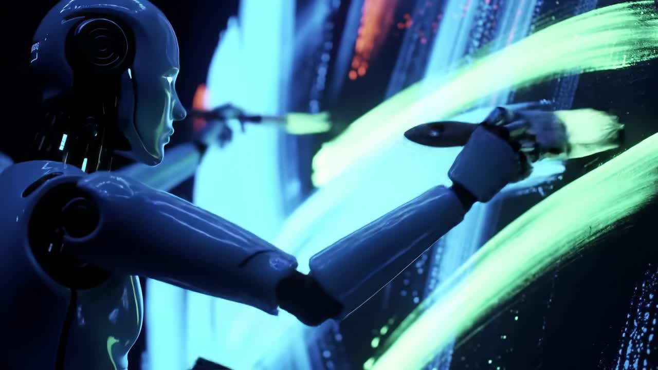 A robot artist skillfully paints a colorful mural using bright neon colors.