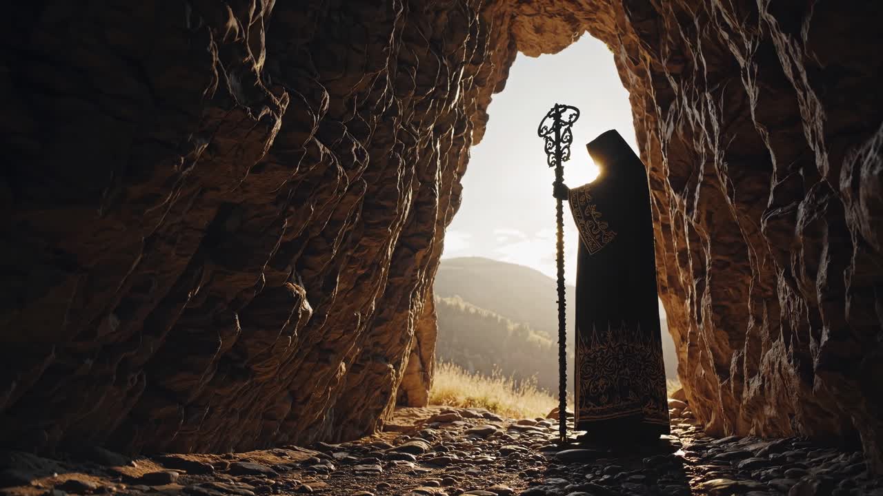 A mystical figure in a cloak holding a staff stands at a cave entrance