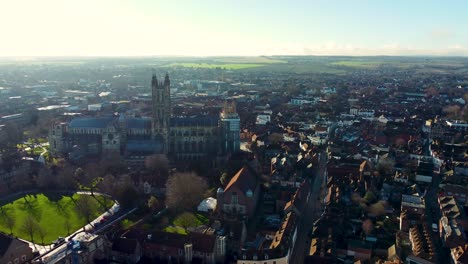 the canterbury cathedral coming into a drone shot from high altitude