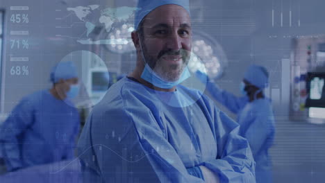 animation of data processing and world map over diverse surgeons in operating room