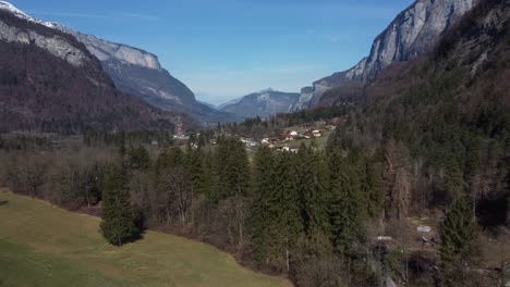 aerial approach of a small alpine village