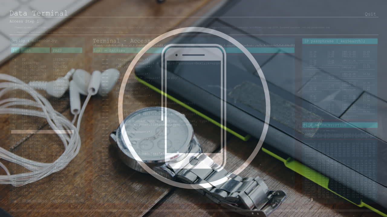 스마트폰 아이콘의 애니메이션과 그래픽 태블릿, 시계 및 이드폰을 통해 데이터 처리를 테이블에