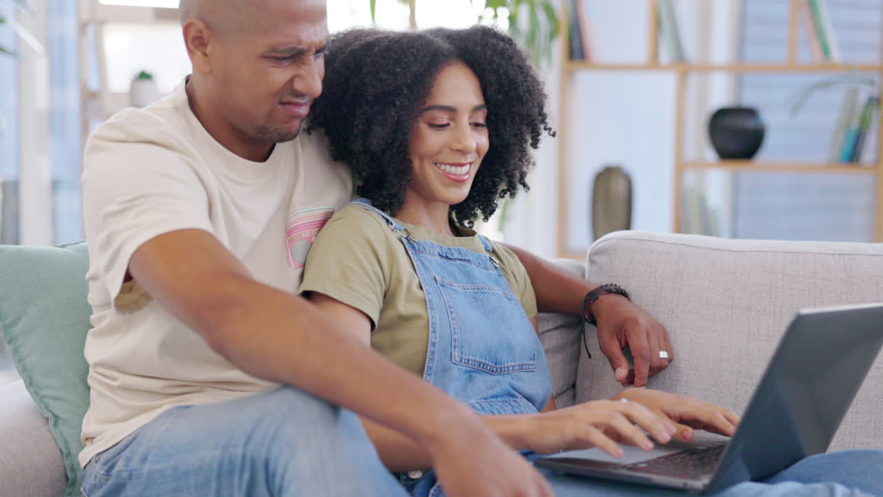 Laptop, couple and typing on sofa in home living