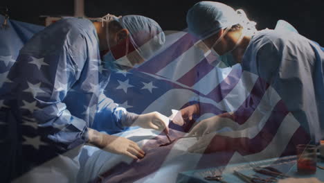 animation of flag of usa waving over surgeon in operating theatre