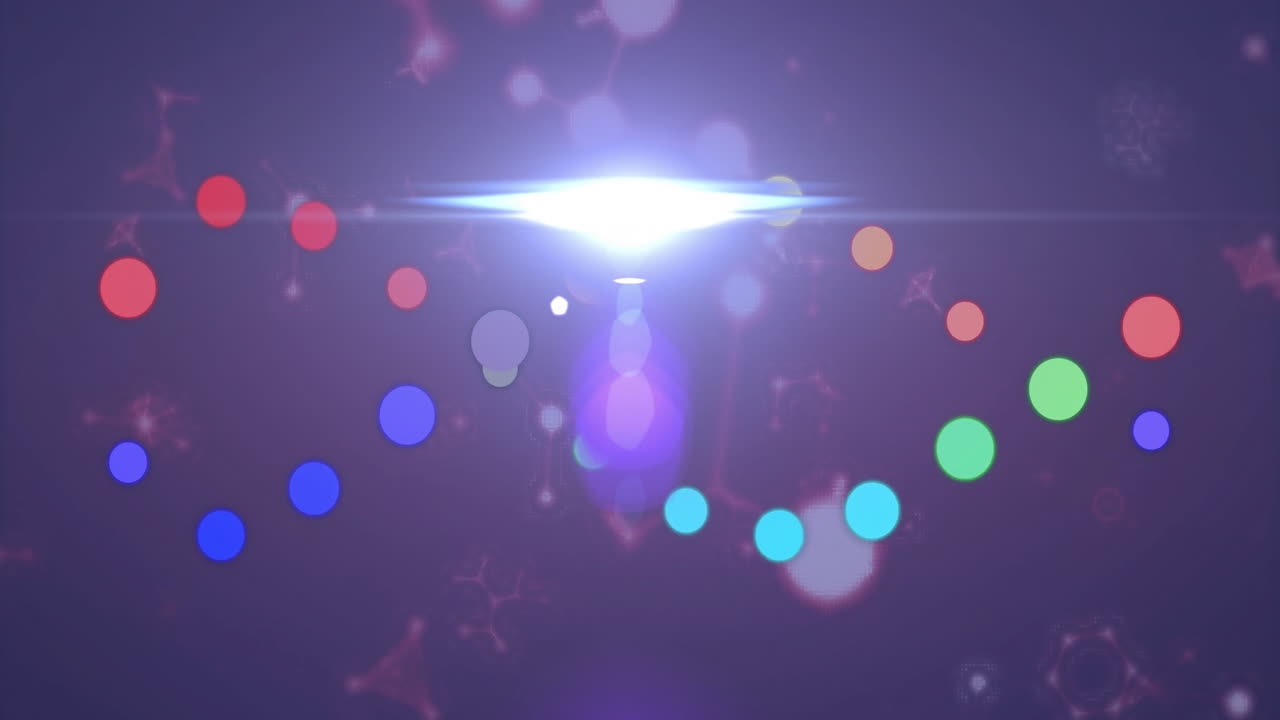 분자와 dna 줄에 움직이는 다채로운 모양의 애니메이션