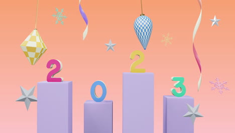 animación del número 2023 sobre el año nuevo y las decoraciones de navidad sobre fondo rosa