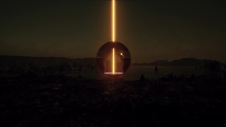 Portal 3D. Efeito de brilho de luz. Nevoeiro de fumaça. Jogo falso. Ficção científica falsa 4K.
