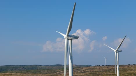 lento establecimiento de tiro de molinos de viento estático con cielos azules detrás