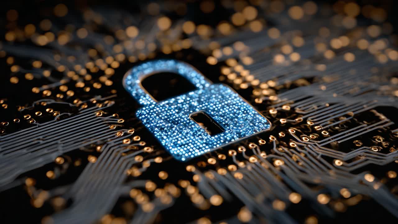 A Close-Up View of a Digital Lock Superimposed on a Circuit Board Background, Representing Cybersecurity and Data Protection Innovations