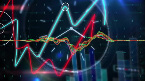 Animación-Del-Procesamiento-De-Datos-Financieros-A-Lo-Largo-Del-Reloj-Sobre-Fondo-Oscuro