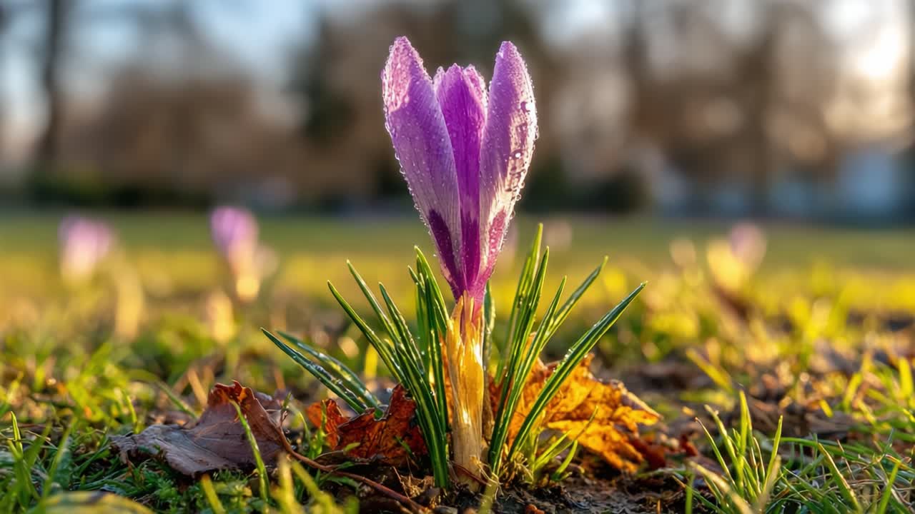 Uno splendido fiore di croco sboccia alla luce del mattino, circondato da foglie rugiadose ed erba rigogliosa, a simboleggiare l'arrivo della primavera con i suoi vivaci petali viola e la sua vegetazione fresca.