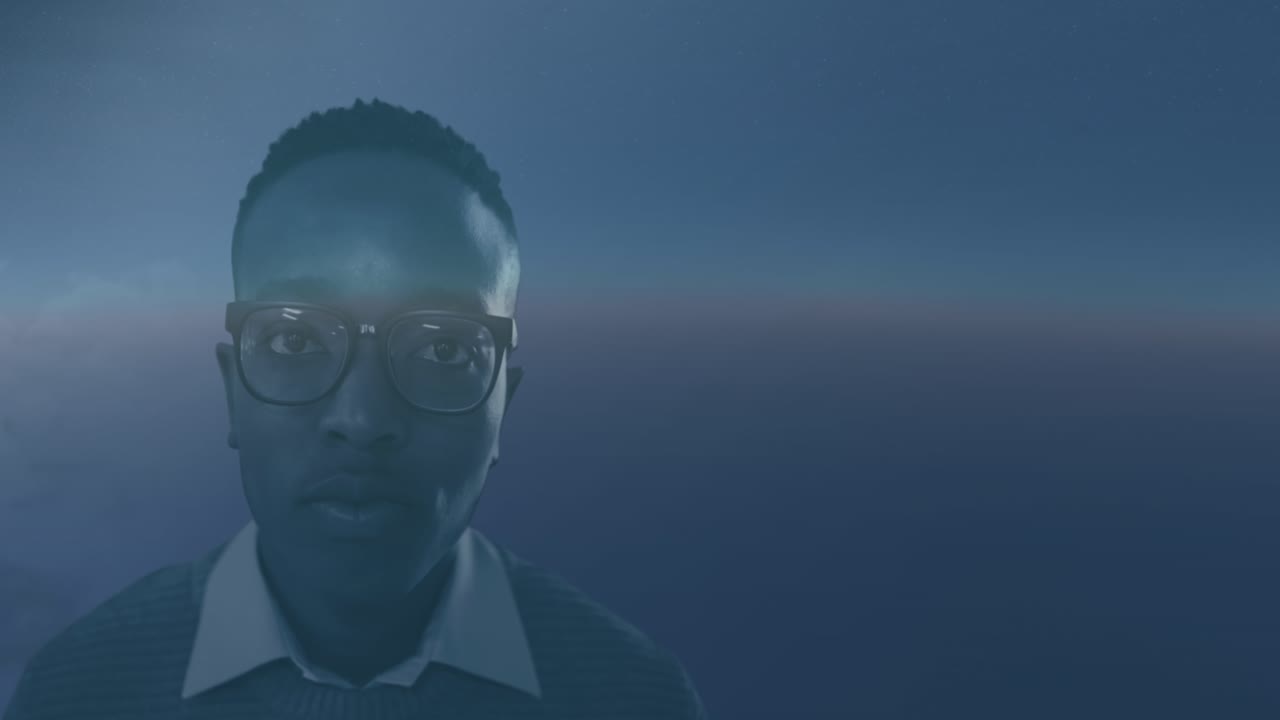 Caucasian man wearing vr goggles over data processing and dark clouds in caucasian man