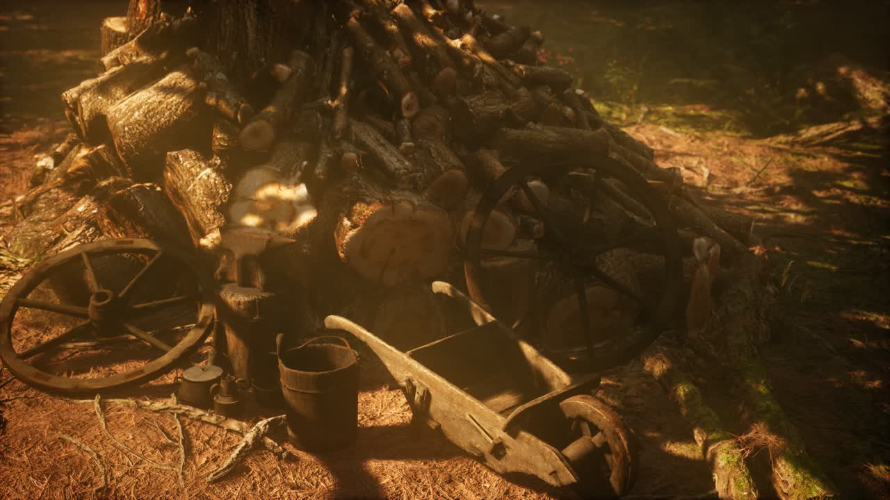 preparación de leña para el invierno en el bosque al atardecer