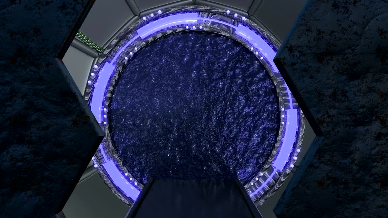 la escotilla oxidada de hierro abre una vista panorámica a la escena del paisaje de la nave espacial. fondo abstracto 3d de corredor de ciencia ficción con portal. tecnología futurista abstracto vj para títulos tecnológicos y fondo.