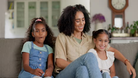love, happy and mother with her children on a sofa