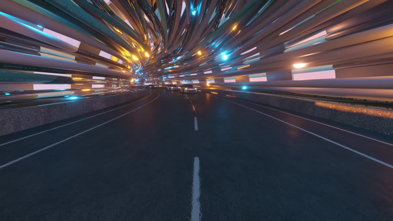 el movimiento de los coches en un puente futurista con fibra óptica. concepto de tecnologías futuras. fondo de negocios. agradable luz natural. bucle sin costuras 3d render