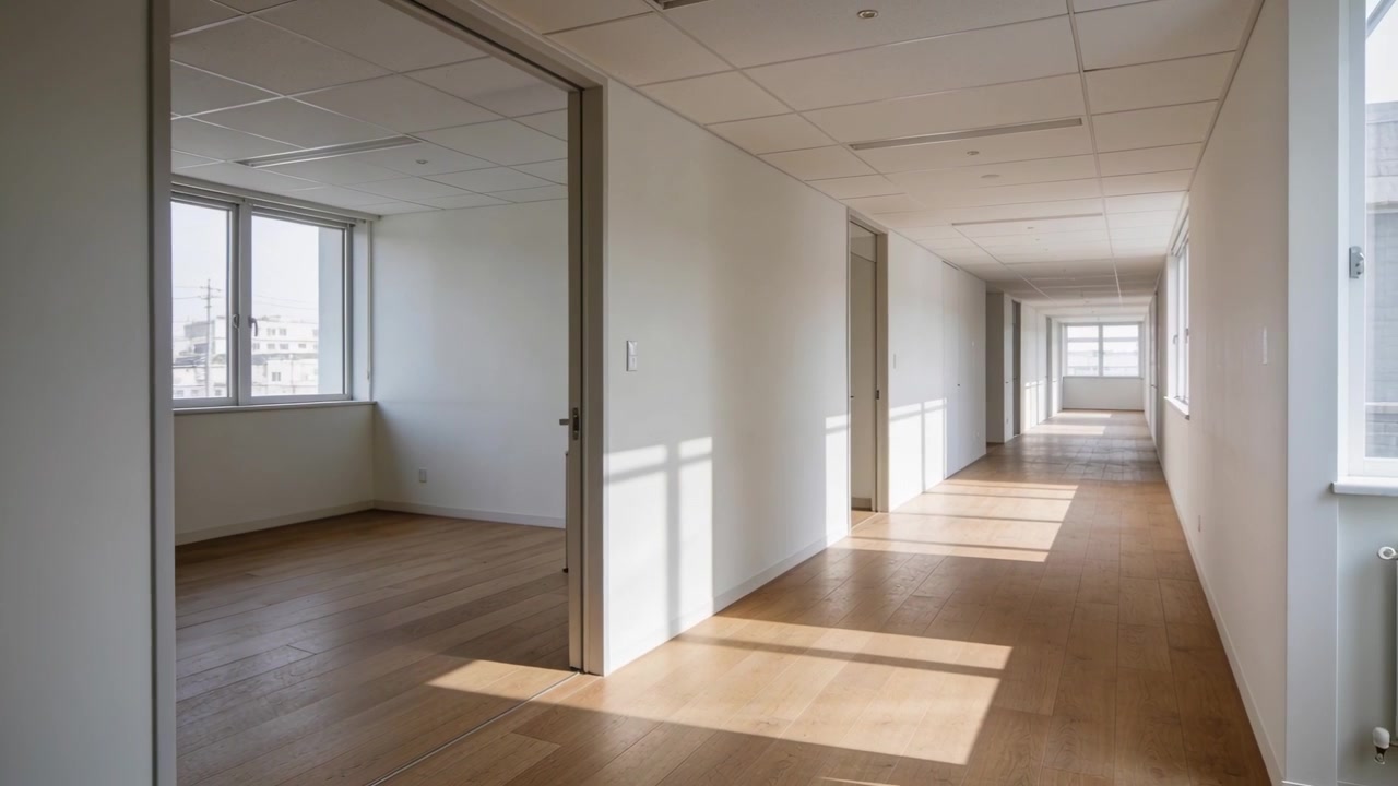 Pushing camera forward showing corridor and open room in office, windows casting sunlight on floor
