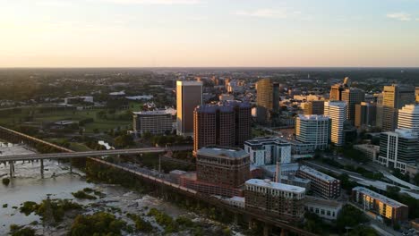 downtown and riverfront at golden hour in richmond, virginia | timelapse aerial view | summer 2021