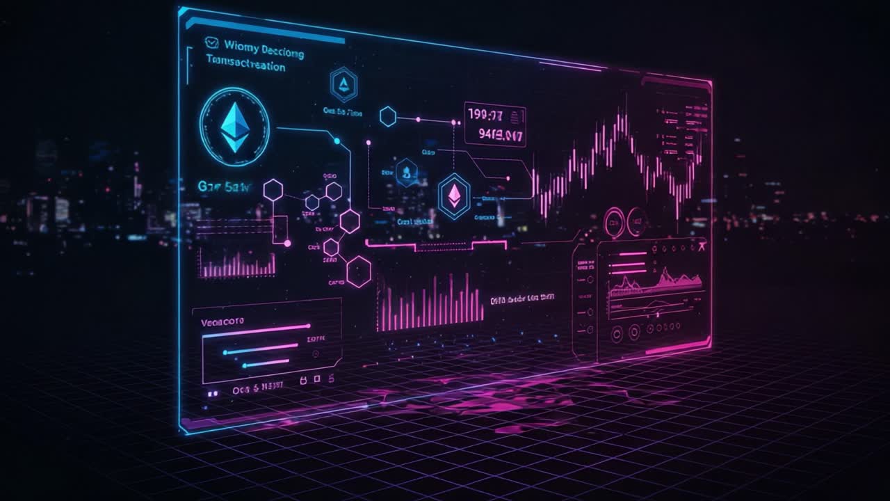 Dynamic Graphic Interface Showcasing Blockchain Transactions and Gas Fees with Real-Time Data Visualizations in Neon Colors