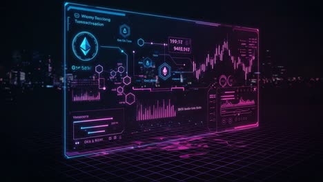 dynamic graphic interface showcasing blockchain transactions and gas fees with real-time data visualizations in neon colors