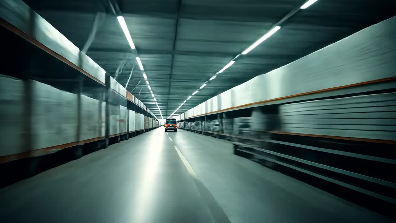 Upon start orange vehicle moving down warehouse aisle with container trolleys for cargo transport