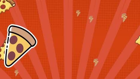 animación de iconos de pizza sobre rayas sobre fondo rojo