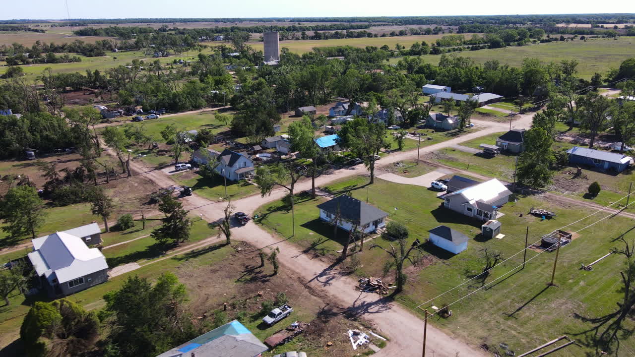 Aerial view overlooking the Plevna town, Tornado outcome, in sunny Kansas, USA
