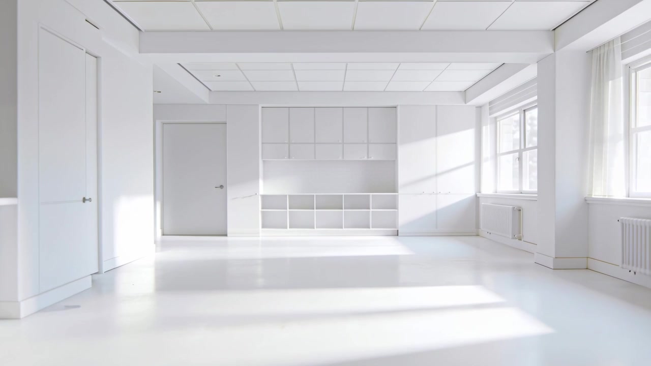Cámara avanzando revelando un espacio de estudio blanco vacío, destacando ventanas, radiadores y fregadero