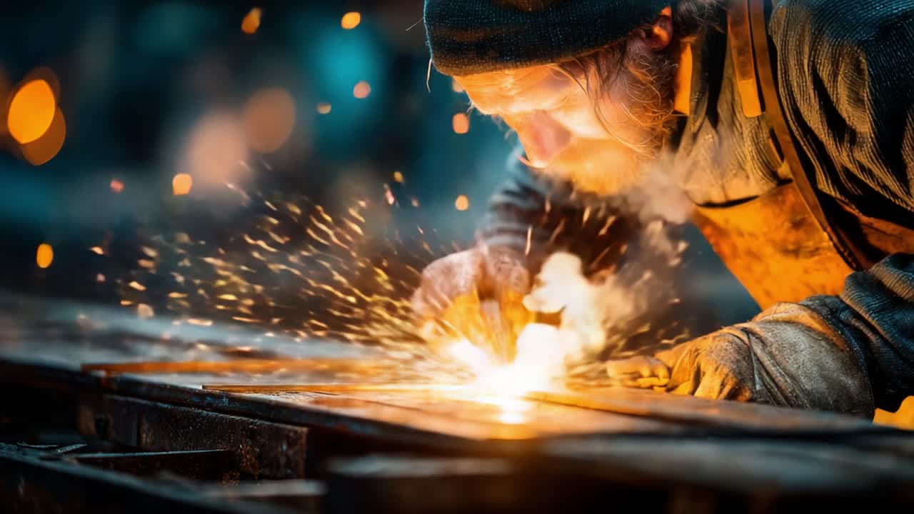 An Artisan Craftsman Precision Welding and Shaping Metal in a Dimly Lit Workshop, Sparks and Smoke Create a Captivating Visual Display of Tradition and Skill
