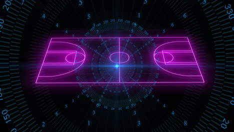 futuristic basketball court with glowing lines and digital numbers animation