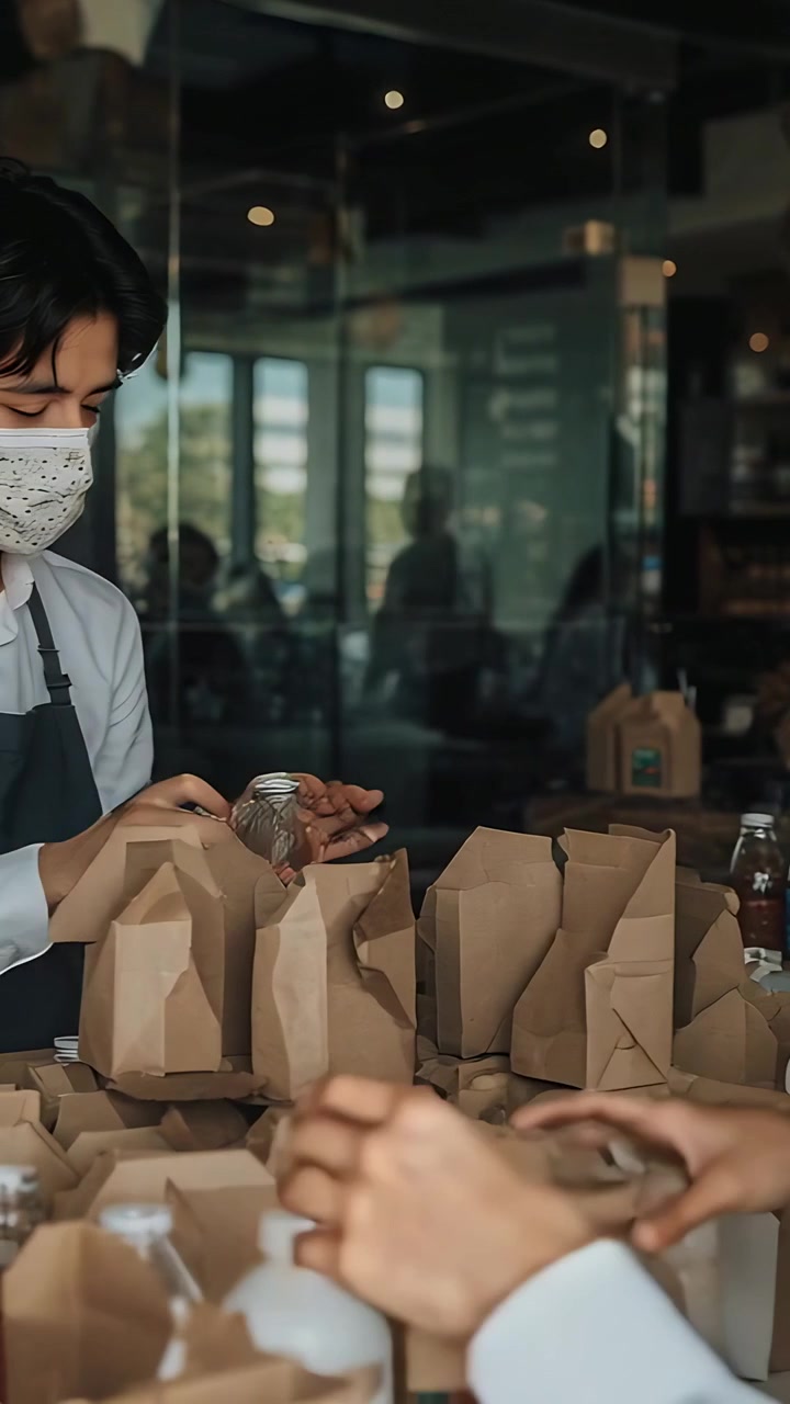 Video verticale: Consegnando un barattolo, un uomo a sinistra prepara gli ordini al caffè per il ritiro, con un grembiule, spazio per il testo.