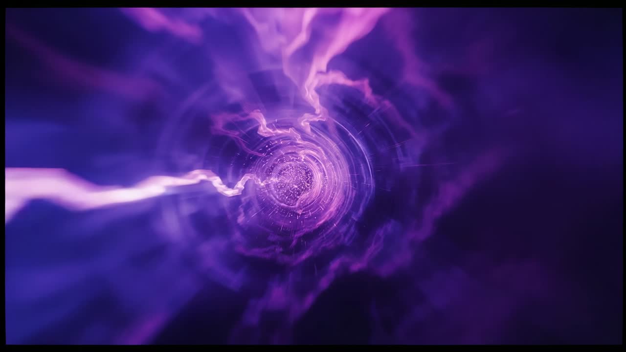 Opening purple tunnel forming swirling vortex in tunnel, tendrils pulsing rings and glowing core