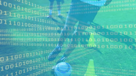 animation of binary coding over diverse male soccer players playing at stadium