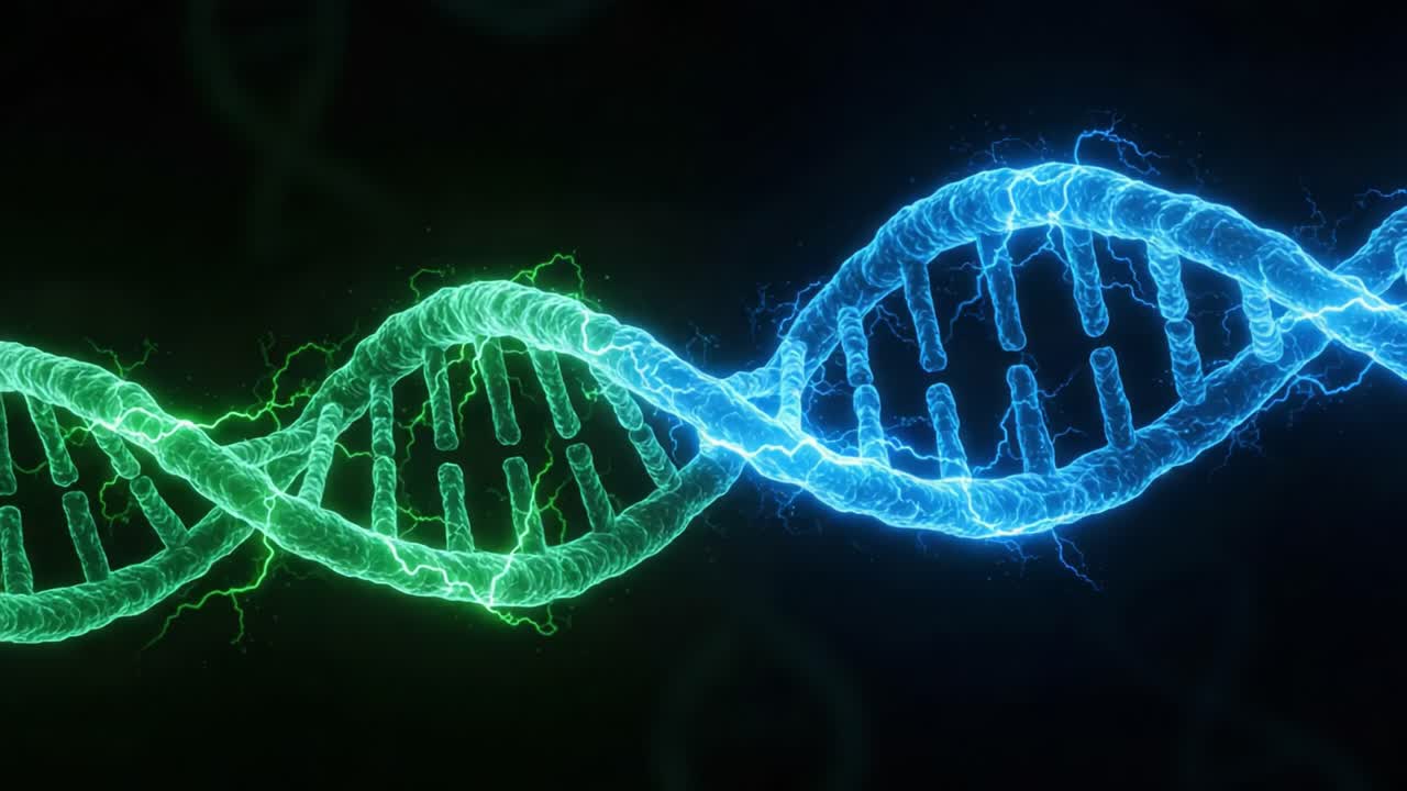 A Vivid Representation of DNA Structure with Electrifying Blue and Green Helices Highlighting Genetic Information and Molecular Composition